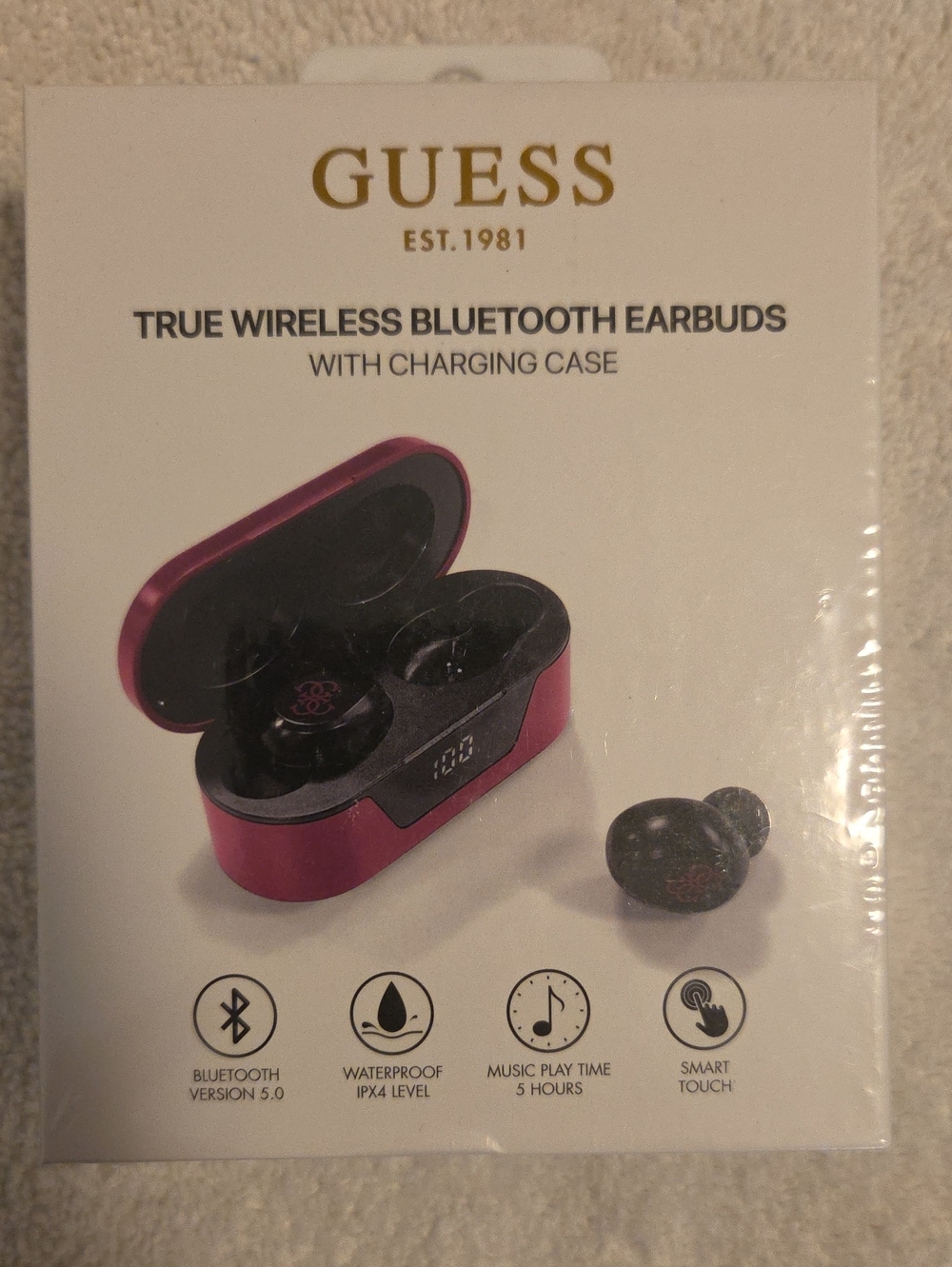 GUESS True Wireless Bluetooth Earbuds in Pink and Black with Charging Case